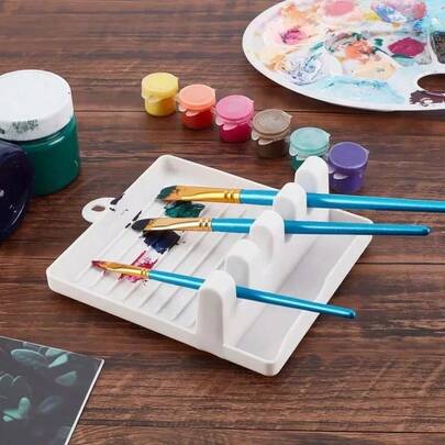 1/2/4pcs White Plastic 4-Slot Paint Brush Holder With Water Tray For Watercolor, Oil, Acrylic Painting