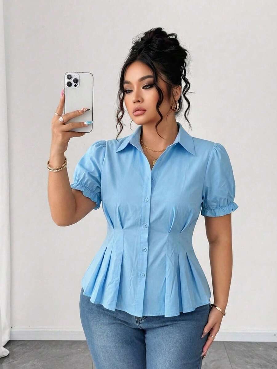 Bestselling Ruched Puff Sleeve Women's Elegant Casual Shirt - Blue - View 1