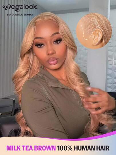 MEGALOOK 13x4 Lace Front Wavy Curly Wig, 180% Density - 100% Human Hair, Pre-Plucked, Natural Hairline, Light Brown, Transparent Lace Free Part - All Day Comfort, Invisible Hairline, Suitable For Office, Party, Y2K Aesthetic, Vacation, Outdoor Activities, Sunday Best, Campus, School Holidays, Christmas, Back To School, Wedding, Halloween, Festivals, Date Night And More, Women's Charming Wig