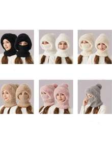 1pcs High Elasticity Solid Color Thick Windproof Warm Collar Warm Face Mask Integrated Men's And Women's Universal Winter Knitted Hat - Multicolor - View 8