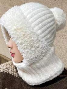 1pcs High Elasticity Solid Color Thick Windproof Warm Collar Warm Face Mask Integrated Men's And Women's Universal Winter Knitted Hat - Multicolor - View 11