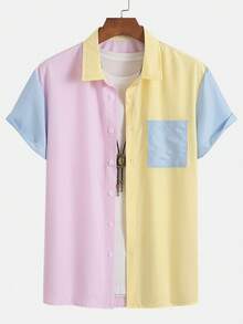 男士休闲条纹 Polo 领撞色短袖衬衫和短裤两件套，时尚百搭 - 粉色 - 查看 5