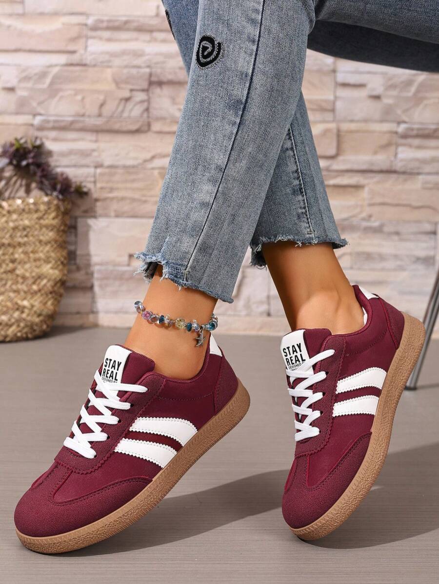 女士圆头平底系带豹纹休闲运动鞋 - 酒紅色 - 查看 1