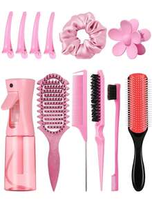 2/4/5/6/12 件套男女通用升级版美发造型梳套装，包含 9 排尼龙气垫造型梳 + 卷发梳 + 蓬松梳 + 尖尾梳 + 边缘梳 + 喷雾瓶 + 鸭嘴夹 + 花朵发夹 - 彩色 - 查看 1