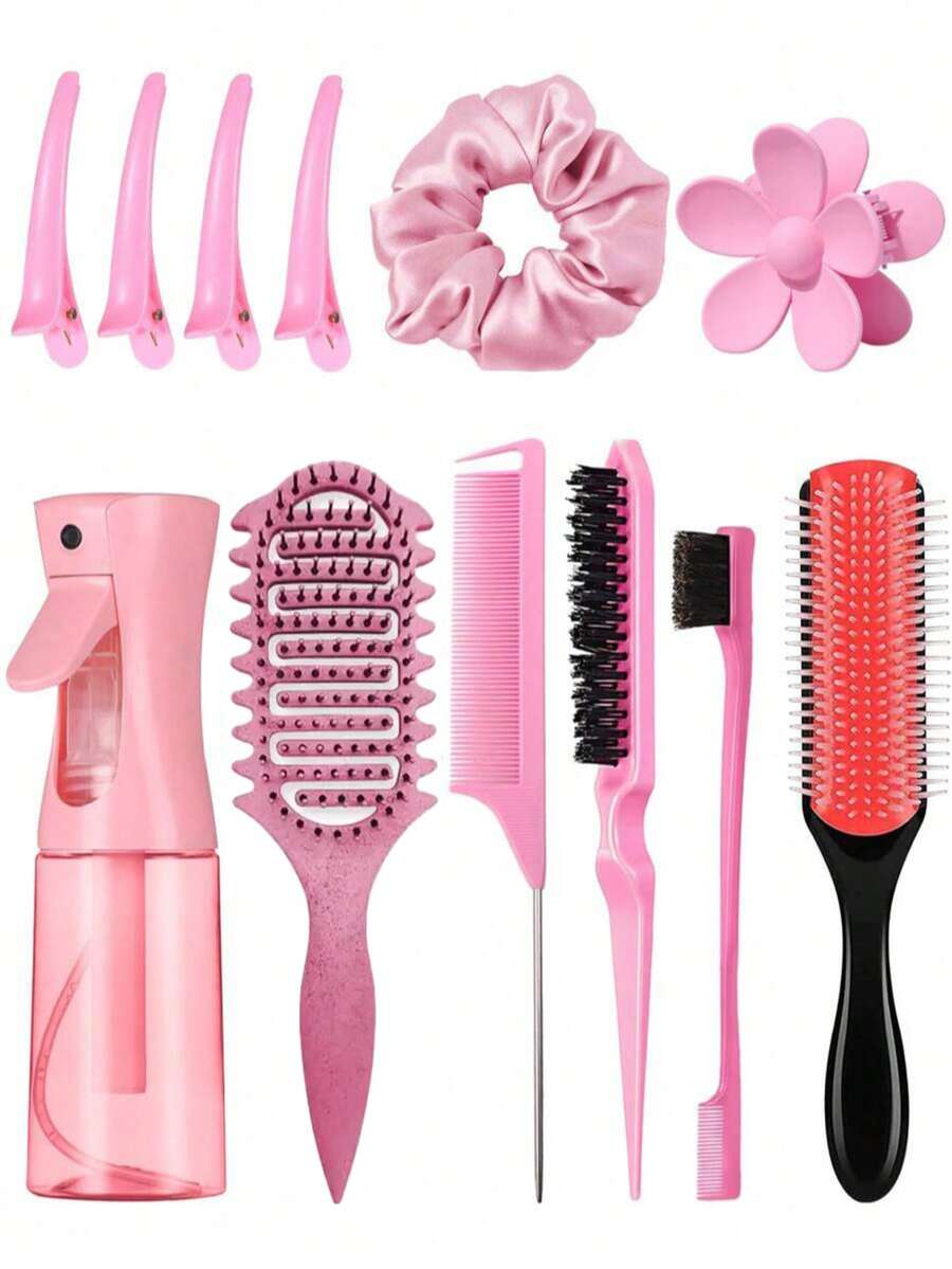 2/4/5/6/12 件套男女通用升级版美发造型梳套装，包含 9 排尼龙气垫造型梳 + 卷发梳 + 蓬松梳 + 尖尾梳 + 边缘梳 + 喷雾瓶 + 鸭嘴夹 + 花朵发夹 - 彩色 - 查看 1