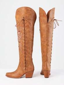 Cowgirl Boots For Women Knee High Boots Embroider Chunky Heel Pointed Toe Western Cowboy Boots With Side Zipper Comfy Outfit For Women Outdoor Indoor Shoes - 亮橙色 - 查看 2