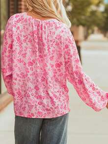Acelitt Áo kiểu nữ nhẹ nhàng, in họa tiết hoa, tay phồng, cổ mở, thích hợp cho mùa xuân/thu. - Hồng - Xem 2