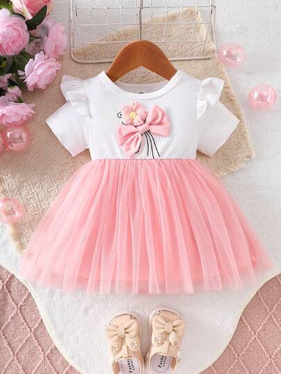 Baby Girl Ribbed 3D Floral Bow Decor Puff Sleeve Round Neck Pink Mesh Dress, Fashionable Outdoor Party Princess Dress, Spring/Summer