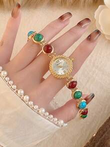 Este reloj de cuarzo de estilo vintage y redondo para mujeres es elegante y de moda, adecuado para uso diario, regalos de cumpleaños, reuniones casuales y fiestas. - Multicolor - Ver 3