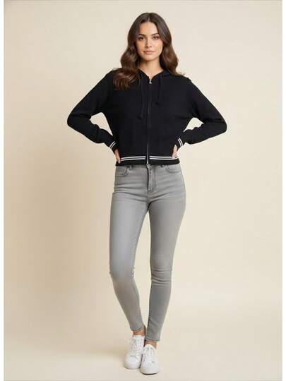 TendenciaSudadera Hoodie Básica De Moda Para Mujer C Cierre Y GorroCalidad premium