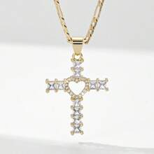 1件时尚简约2025新款低过敏性铜镶嵌锆石十字架耶稣吊坠项链，适合作为母亲节/情人节礼物送给情侣/朋友/信徒，天主教初领圣体礼物，日常及节日佩戴祈祷。 - 金黃色 - 查看 6