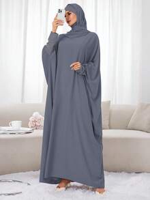 1件套头巾围巾及连帽长袍套装，穆斯林针织长袍，带头巾，女士祈祷吉尔巴布长袍，迪拜沙特阿拉伯土耳其伊斯兰风格端庄头巾