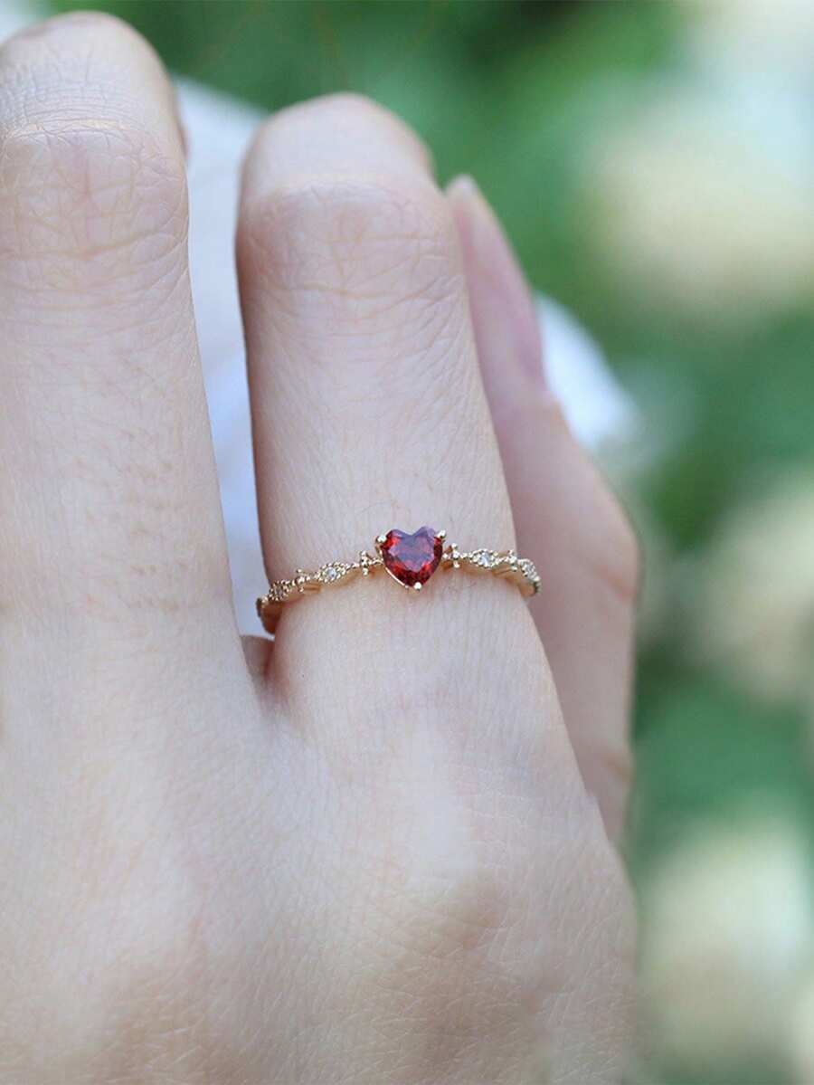 Nooxian 1pc Heart-Shaped Copper Zirconia Ring, Suitable For Daily Wear - Yellow Gold - View 1