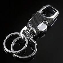 1pc Double Ring One-Click Key Chain, Iron Chain Anti-Lost Leather Ring - Fashionable Metal Texture Design, Sturdy Structure, Suitable For All Vehicle Models, Perfect Gift For Enthusiasts, Driver Accessory, Key Ring - Black * 1 Piece - View 3