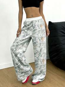 DEAR MOLLY 女士休闲复古迷彩树枝印花高腰宽松长裤，飘逸长裤，时尚街头风新款迷彩裤 - 綠色 - 查看 4