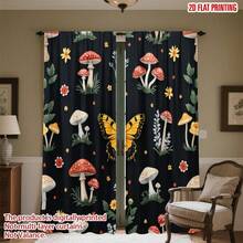 Blackout Curtains - Whimsical Mushroom & Floral Print On Black Background, Machine Washable Rod Pocket Drapes For Bedroom, Living Room, Kitchen, Balcony - Contemporary Home Decor, Natureinspired Design,  Peach Skin Curtains, Single-Sided Printed, Polyester Material, Easy To Clean And Maintain, Soft And Comfortable, Perfect For Living Room, Bedroom, Balcony, Study Room, Kitchen, Rod Pocket Curtains, Enhance The Sense Of Happiness At Home, Perfect For Christmas, Halloween, And Thanksgiving Decorations(Rod Not Included) - 款式 18(2 片) - 查看 11