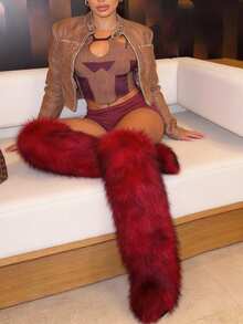 Women's Winter Furry Snow Boots Fuzzy Fluffy Round Toe Suede Booties Flat Heel Slip On Outdoor Indoor Shoes Fashion Warm Fluffy Shoes - 過膝紅色 - 查看 3