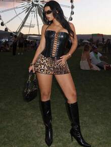 Yuwenier Sexy PU Leather Metal Grommet Camisole Top With Underwire, Front Lace-Up Corset, Suitable For Music Festivals, Dates, Birthday Theme Parties And More - Black - View 6