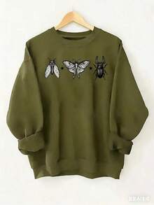 Simple Solid Hoodie Women Plus Size Y2K Gothic Insect Print Sweater - Oversized Fleece Lined Crew Neck Long Sleeve Pullover With Moth And Beetle Design, Soft Casual Winter Layering Sweater (Machine Washable) - Gray And Black All-Season Comfort, Fleece-Lined Warmth, Y2K Aesthetics, Plus Size Available, Fashionable Versatile Casual Clothing, Women's Plus Size Sweater - 橄欖綠 - 查看 3
