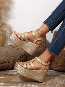 Women's Thick Sole Dark Color Fashion Sandals,Spring Summer Outfits - Gold - View 4