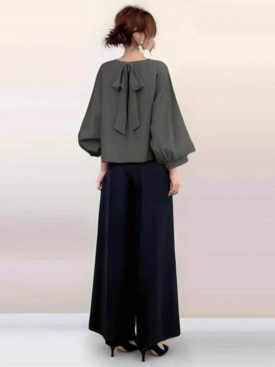 Plus Size Co-Ords - Olive Green Top + Black Pants - View 1