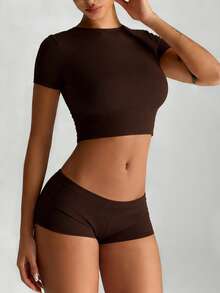 XLLAIS Small Round Neck Short Sleeve Fitted Sport T Shirt Cooling Layer Cute Summer Crop Tops 2025 - Dark Brown - View 7