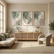 Japandi植物禅意墙画三件套，抽象水彩叶子海报，鼠尾草绿米色印花，极简主义花卉艺术，现代禅意装饰，家居装饰客厅，墙面装饰，无框 - 彩色 - 查看 9