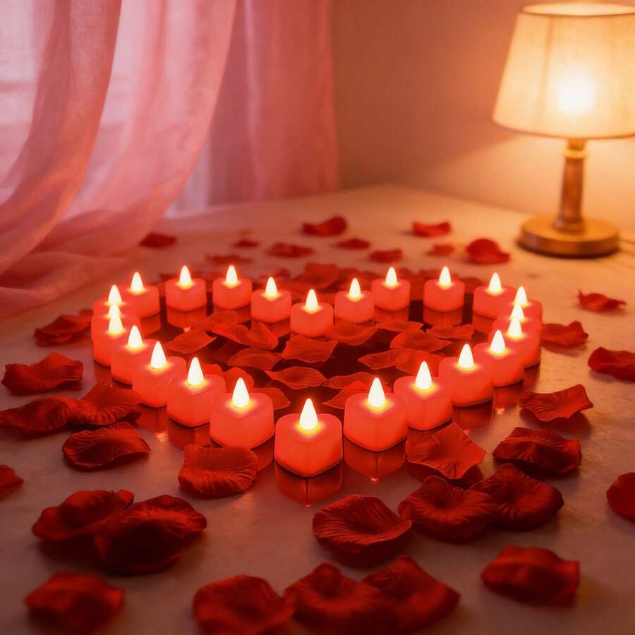 Valentine's Day Heart-Shaped Candle Light (24-Pack) Features LED Twinkling Candle Effects, Creating A Soft And Romantic Atmosphere. Contains 300 Rose Petals, Which Can Be Scattered Freely To Create Creative Decorations. Perfect For Birthdays, Proposals, Declarations Of Love, And Other Occasions, Easily Brightening Parties, Dates, Or Your Home. - 300花瓣+24心型蠟燭 - 查看 1
