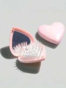 1个粉色心形便携式折叠化妆镜，带软垫和梳子 - 无需电池，卡通设计，情人节或生日的可爱礼物，适合居家和户外使用，小巧的个人美容工具，塑料材质 - 彩色 - 查看 3