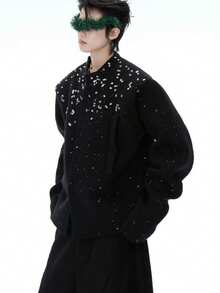Cárdigan holgado con destellos de diamantes, estilo casual chic - Negro - Ver 1