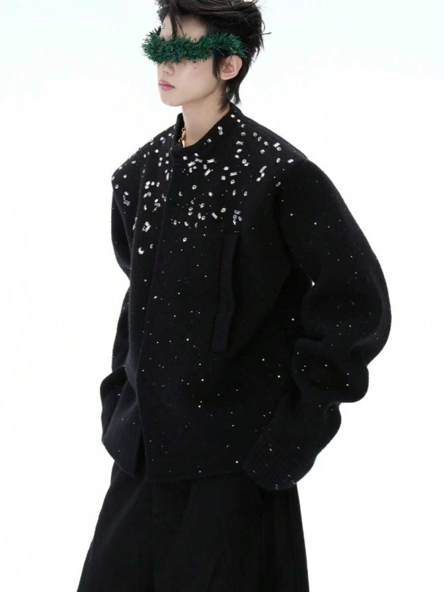Cárdigan holgado con destellos de diamantes, estilo casual chic - Negro - Ver 1