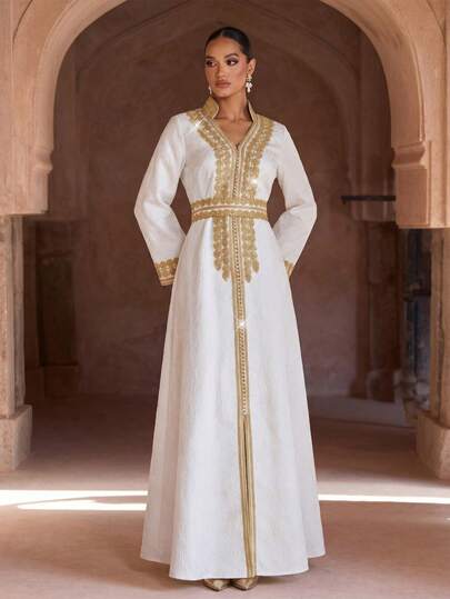 Luxury Ramadan Eid Mubarak White Gold Embroidery Kaftan Abaya Jalabiya Women Summer Modest Long Sleeve Jacquard Maxi Dress Gown Robe Caftan Takchita Dubai Arab Islamic Wedding Guest Evening Party Formal Floor Length Slim Fit Belted Dress
