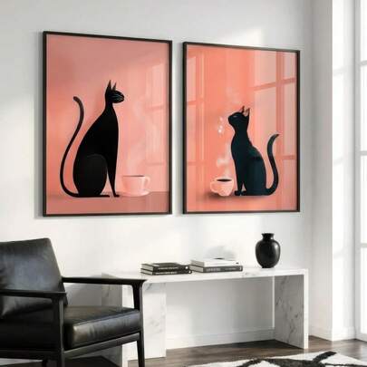 Black Cat Art Set Of 2, Cat Coffee Art Print, Moody Wall Poster, Minimalist And Stylish Coffee Art, Fun Wall Decorations For Coffee Lovers, Srt Posters For Cafes, Cat Lovers Gift, Frameless