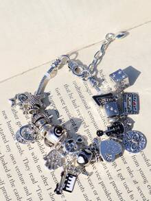 1pc Music Festival Guitar Piano Charm Bracelet, Gothic Dark Spiral Snake Cross Bracelet, Punk Dice Star Bracelet, Devil's Eye Cross Bracelet - Silver - View 10