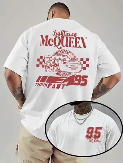  1 Piece, Disney Men's T-Shirt, < < Game Story > > Lightning MeQUEEN Cartoon Front And Back Printing, Round Neck Casual And Comfortable T-Shirt, Suitable For Sports And Daily Wear, Women's Loose T-Shirt, A Good Choice For Gifts, Essential For Easter Parties.