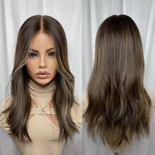 Schwarzbraun mit blonden Highlights lange Lace Front Perücke, farblich gemischtes Haar 13x4 Lace Frontal Perücken, lockige Welle, transparenter vorausgerupfter temperaturbeständiger synthetischer Faserstoff, natürliches Aussehen, Halloween Kostüm, täglicher Gebrauch, Perücke ohne Klebstoff - Verschiedenfarbig - Übersicht 12