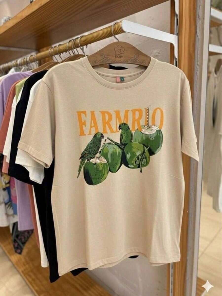 Women's T-Shirt With Tropical Print: Parrots, Palm Trees And Green Coconuts. Immediate Shipping. Premium Cotton Fabric. - Beige - View 1
