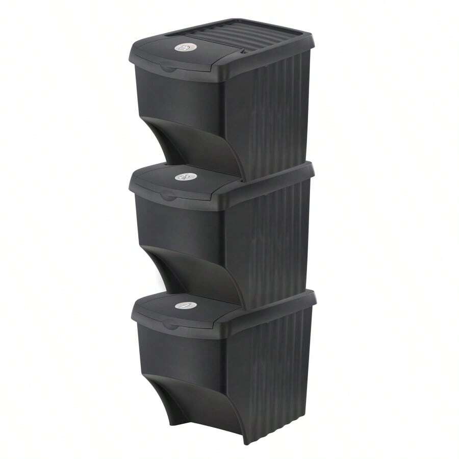 Set Of 3 Large Stackable Waste Recycling Bin Garden Kitchen Dustbin With Lid - Y89200800 - View 1