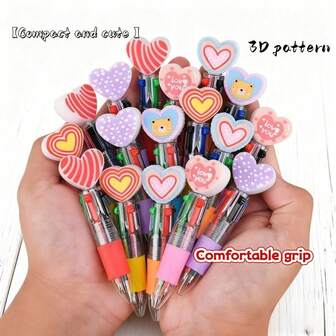 16/24/26pcs Valentine's Day Cute 3D Heart Pen Caps 4-In-1 Ballpoint Pen Stationery, Portable 4-Color Ballpoint Pen, Designed With Valentine's Day Elements, Made For Children, Valentine's Day Holiday