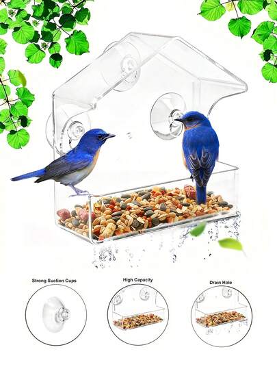 Crylic Window Mounted Bird Feeder, Bird Food Tray Reservoir, Clear Window Outside Hanging Bird Feeder House With Suction Cup, Adhesive Bird Cage, Easy Refill Design, Suitable For Small Birds, Durable Material, Great For Outdoor Garden And Patio, Bird Cage Accessory, Outdoor Hanging Crafts, Garden Courtyard Decoration Ornaments