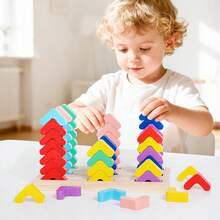 Wooden Rainbow Stacker Educational Toys Learning Toy Kids Block Nesting Puzzle Toys Montessori Stacking Game Building - Multicolor - View 3