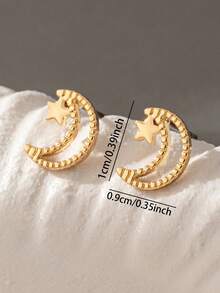 1 paire de boucles d'oreilles lune et étoile en cuivre, boucles d'oreilles lune minimalistes, boucles d'oreilles croissant de lune du Moyen-Orient, accessoires pour femmes - Doré - Voir 3