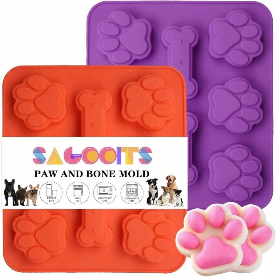 2 Pack Puppy And Bone Shaped 2 In 1 Silicone Molds, Reusable Non - Stick Cube Trays Candy Chocolate Molds Homemade Dog Treats, Pudding Baking BiscuitRed Purple - Red Purple - View 1