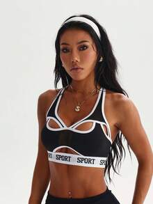 Women's Black & White Removable Padded Mesh Splice Round Neck Sporty Knit Bra - Black - View 5