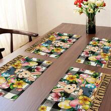 Bộ 1/4 tấm lót bàn ăn bằng vải lanh in họa tiết kẻ caro kiểu Buffalo, chủ đề trứng Phục Sinh mùa xuân/hè, hình thỏ hoạt hình, hoa và bướm, có thể giặt máy, làm bằng polyester, thích hợp cho nhà bếp, phòng ăn, trang trí nhà cửa, trang trí bàn làm việc, trang trí tiệc tùng, là món quà lý tưởng. - Nhiều màu - Xem 33