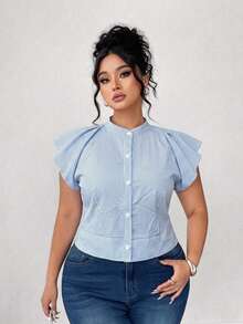 条纹荷叶边短袖露背系带蝴蝶结立领纽扣上衣，优雅休闲修身女式衬衫 2026 - 藍色 - 查看 2