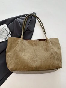 1pc Women's Faux Suede Tote Bag, Large Capacity, Extra Large Size, Scratch-Resistant , Can Hold Passport, Cash, ID, Credit Cards, Lightweight, Suitable For Commuting/Casual Outings, Solid Color Fashion - Green - View 4