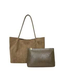 1pc Women's Faux Suede Tote Bag, Large Capacity, Extra Large Size, Scratch-Resistant , Can Hold Passport, Cash, ID, Credit Cards, Lightweight, Suitable For Commuting/Casual Outings, Solid Color Fashion - Green - View 6