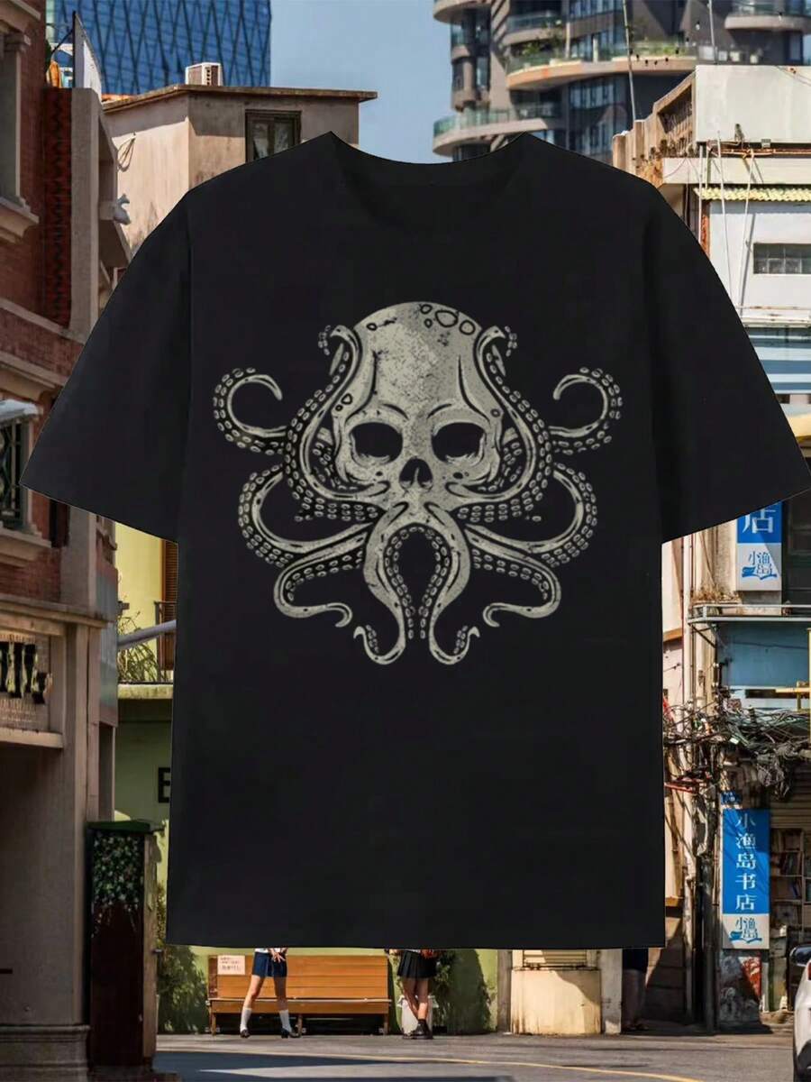 Camiseta gráfica océanica de horror gótico para hombres, diseño de pulpo, calavera, kraken, tentáculo, ajuste regular suave, fanáticos de la biología marina pirata gótica - Negro - Ver 1
