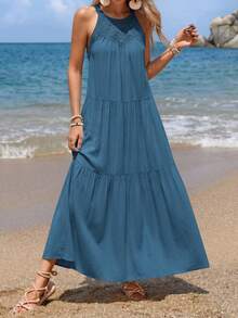 Women Summer Sleeveless Loose Dress Casual Hollow Out Halter Sleeveless Boho Long Sundress Spring Beach Holiday Vacation Valentine Long Maxi Dress